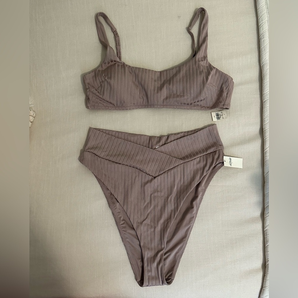 Aerie RibbedShine Bikini set -TieBack Scoop Top& Crossover HighCut Cheeky bottom
